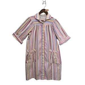 Vintage Models Coat Womens Striped House Coat Duster Button Front Pink Multi